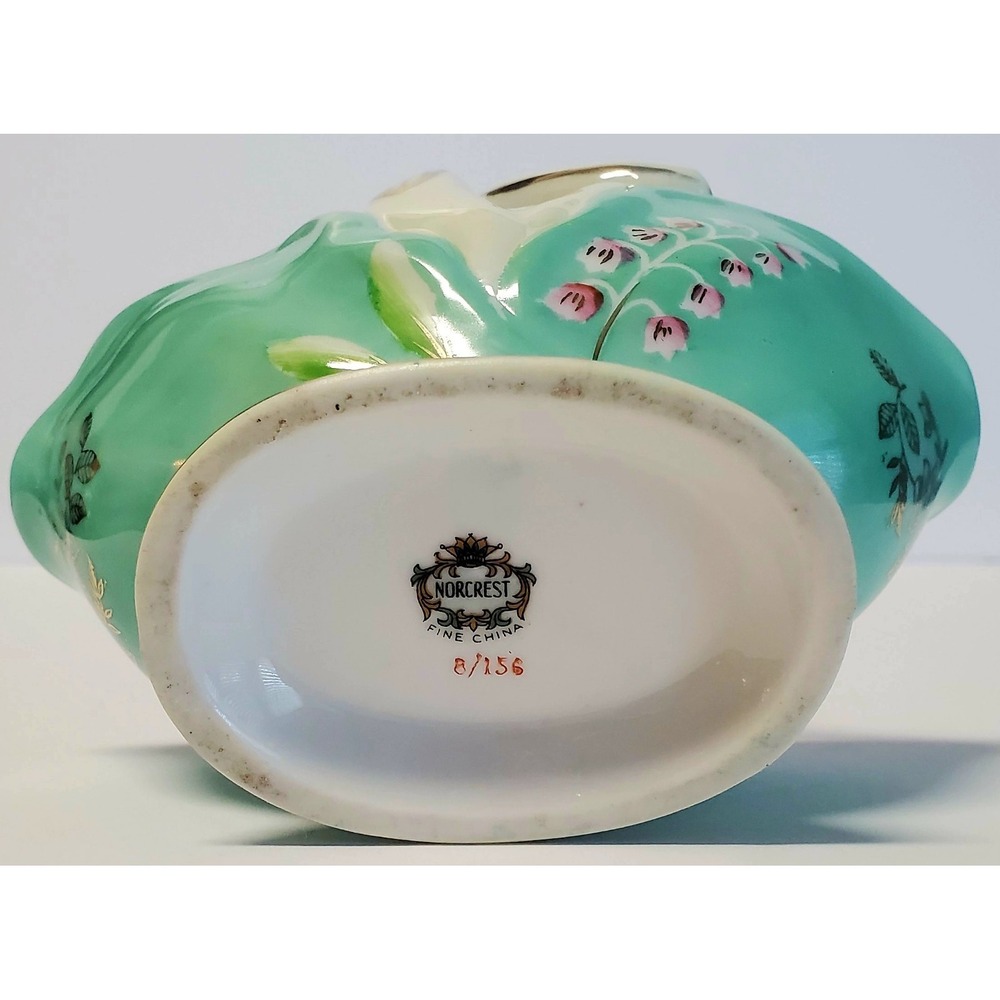 VTG Norcrest Fine China Trinket Basket Aqua/Pink/White HandPaint Gold Leaf 8/156 - Picture 10 of 11